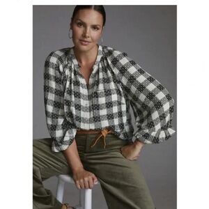 Anthropologie Pilcro  Breezy plaid Checkered  button up Top black white yellow S